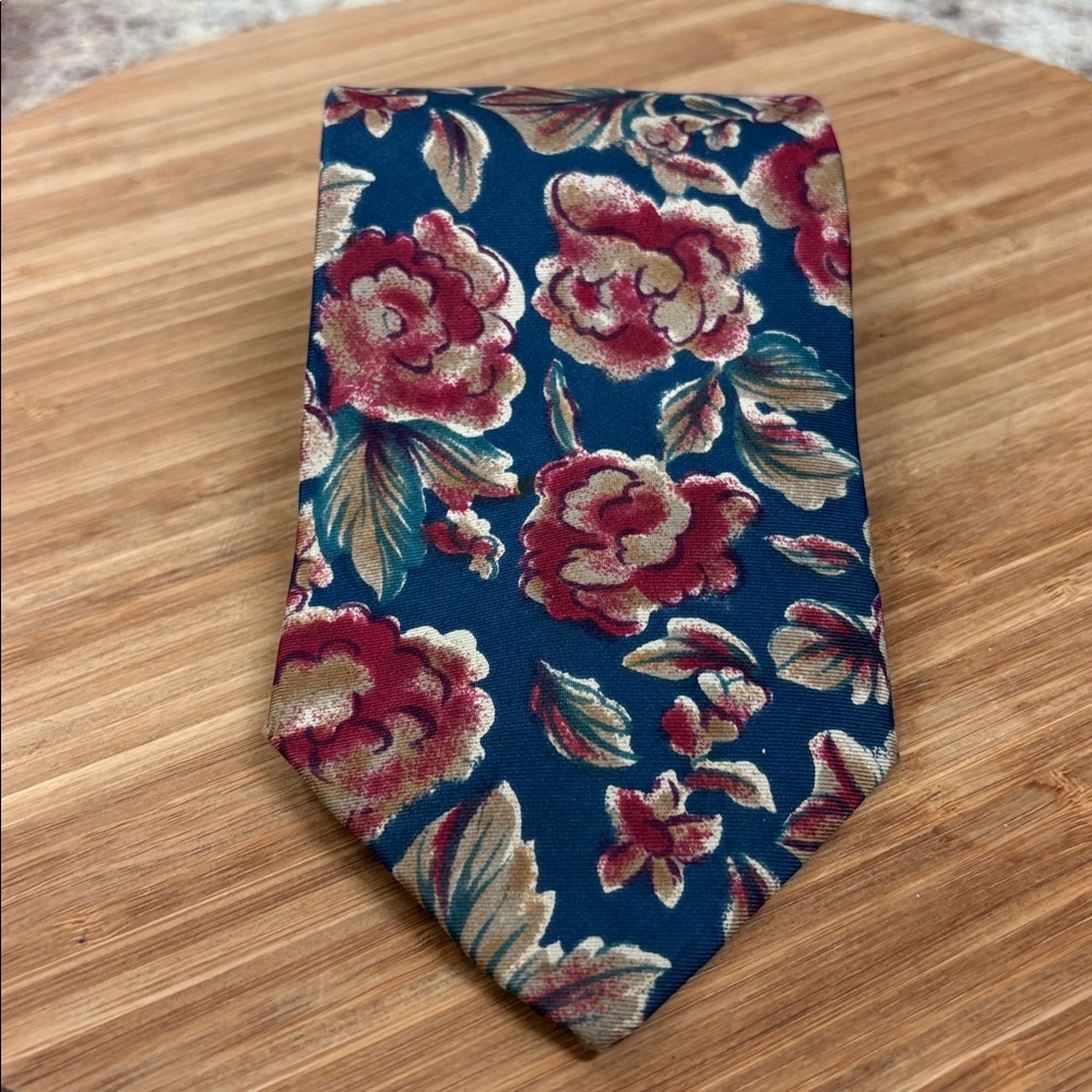 Christian Dior Navy Tie with Red Floral and Gold and Blue Accents - Picture 5 of 5